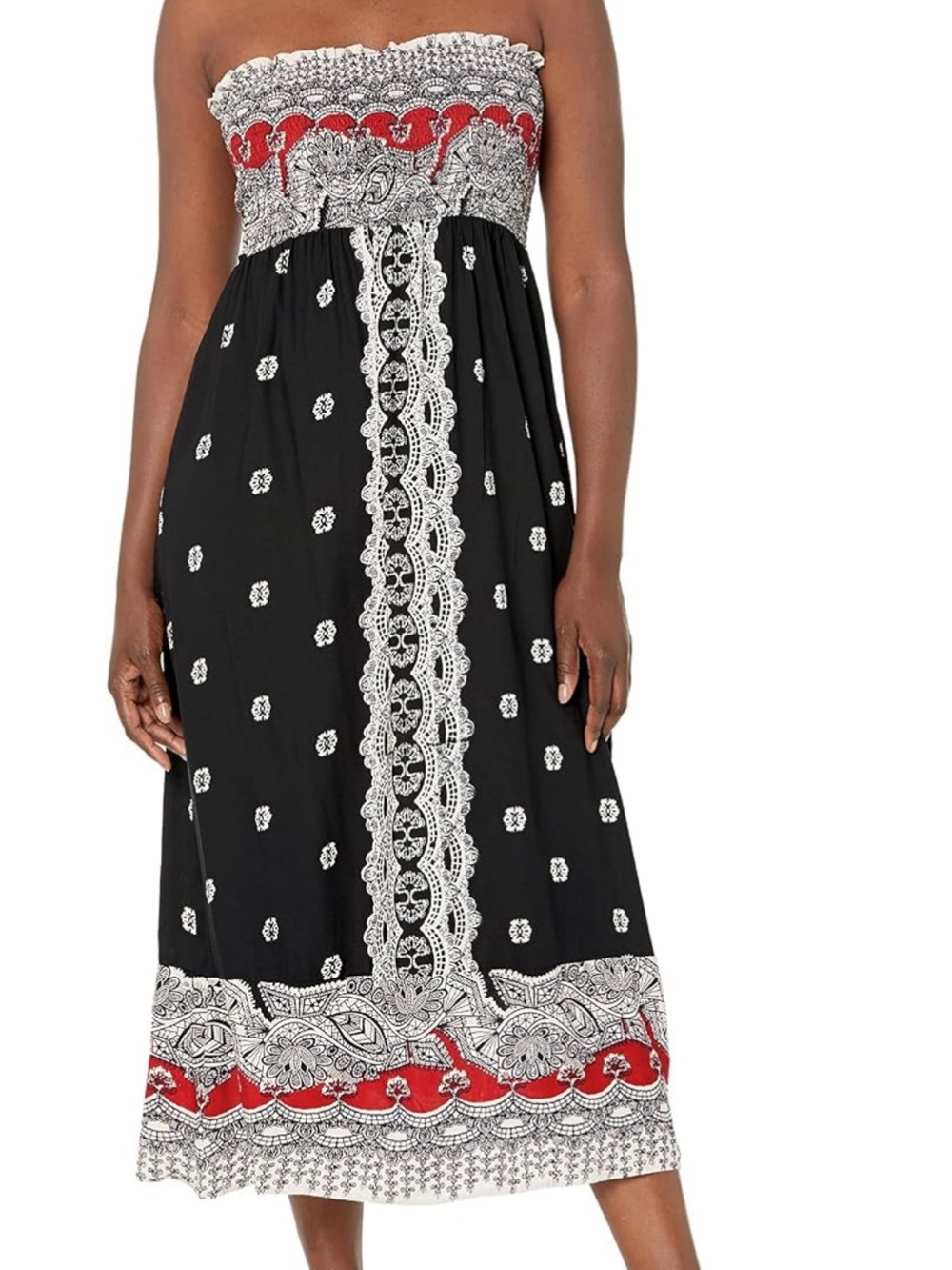 Angie Strapless Black Maxi Dress with Red and White Border